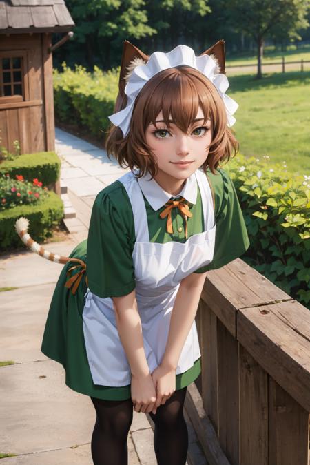 masterpiece, best quality, <lora:anyafromel-nvwls-v1-000009:0.9> anya fromel, maid headdress, cat ears, green dress, apron, cat tail, pantyhose, curtsey, leaning forward, village, outdoors, smile