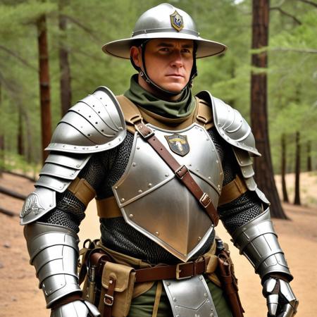 National Park Service ranger or scoutmaster in full gear/full uniform (mechanical knight animated armor)