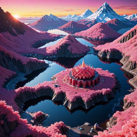 (designed by Kunio Okawara:1.2) and (Akira Toriyama:1.0) and (KÅji Morimoto:1.3) and (Atey Ghailan:1.0) , anime key visual, Futuristic mountains and water, highly detailed, top-down view of a Art Brut Exotic ("Christmas Wishes":1.3) , simple Flirty background, at Sunset, Panorama, Fearful, Astropunk, cinematic lighting, telephoto lens, Polychromatic, dark pink flakes, poster art, award winning, dslr