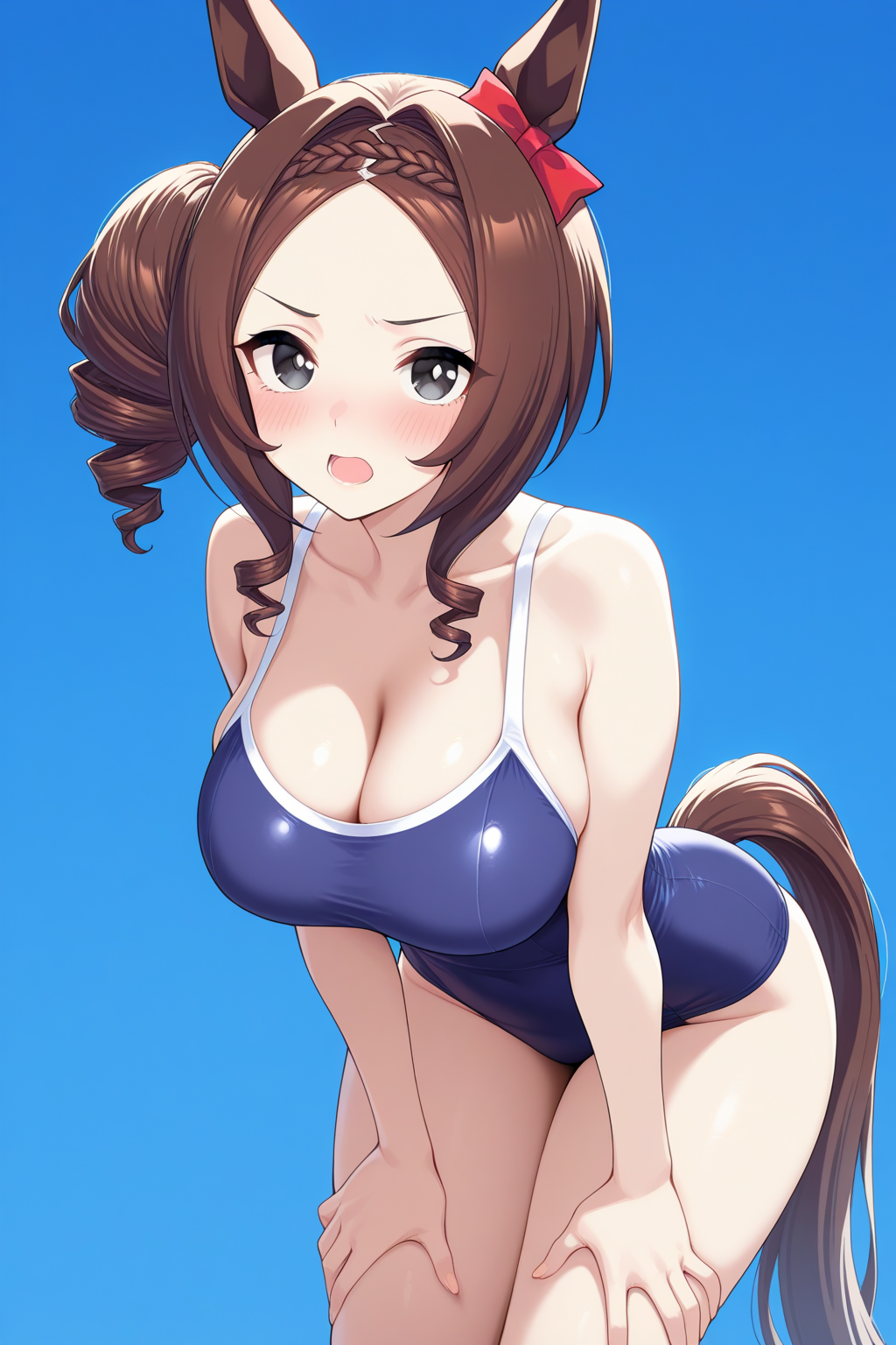 A young woman with dark eyes, brown hair with a braid and drill side ponytail, brown horse ears, a brown horse tail, and a red bow, blushing with an open mouth and an angry expression. She is wearing a dark blue one-piece swimsuit with white trim, and she is leaning forward, resting her hands on her thighs. 