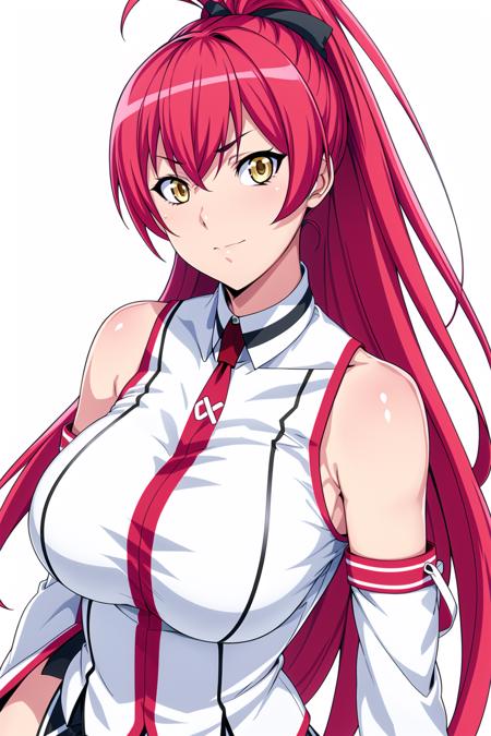 Simple White Background,
sleeveless shirt,bare shoulders,detached sleeves,red necktie,white shirt,
<lora:Scarlet_Fairchild_HxH-KK77-V1:0.7>,virtual youtuber,
red hair,yellow eyes,long hair,bangs,high ponytail, 
<lora:Oda_Non_Style-KK77-V2:0.3>,<lora:more_details:0.3>,
1 girl, 20yo,Young female,Beautiful Finger,Beautiful long legs,Beautiful body,
Beautiful Nose,Beautiful character design, perfect eyes, perfect face,expressive eyes,perfect balance,
looking at viewer,(Focus on her face),closed mouth, (innocent_big_eyes:1.0),(Light_Smile:0.3),
official art,extremely detailed CG unity 8k wallpaper, perfect lighting,Colorful, Bright_Front_face_Lighting,White skin,
(masterpiece:1.0),(best_quality:1.0), ultra high res,4K,ultra-detailed,
photography, 8K, HDR, highres, absurdres:1.2, Kodak portra 400, film grain, blurry background, bokeh:1.2, lens flare, (vibrant_color:1.2),professional photograph,
(Beautiful,Breasts:1.0), (beautiful_face:1.5),(narrow_waist),