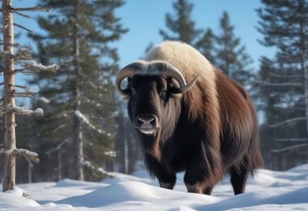 very realistic photograph close-up of a  musk ox  in the snow, forest background of pine, fir and white spruce and birch, blue sky with cirrus cloud and slightly hidden sun