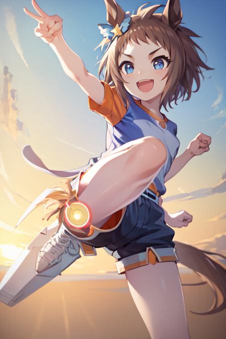 masterpiece, best quality, 
biko pegasus \(umamusume\),
blue sky, sunset, 
open mouth, smile, kicking,
orange shirt, short shorts
<lyco:biko_pegasus_loha:0.7>