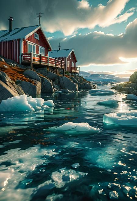 (ultra high res:1.4), (masterpiece), (beautiful lighting:1.4) , greenland greenery,  greenland river, icy water water, icy forest, Greenlandic homes and cabins,  sunlight illuminates the icy water, (deep underwater), anime, above water, (clear underwater), beautiful sky with clouds,  depth