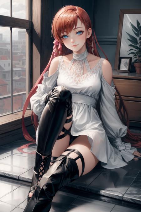 masterpiece, best quality, ryne, hair ribbon, white dress, thigh boots, sitting, indoors, marble tile, looking at viewer, serene smile, closed mouth <lora:ryne-nvwls-v2-000012:0.9>