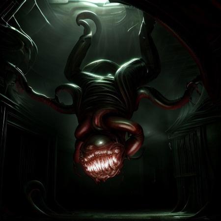 Realistic, horror style, illogical creature with rotten skin, crawling upside down on the roof of a dark basement, with light ray, gore aesthetic, scary, 6 arms, view from the bottom