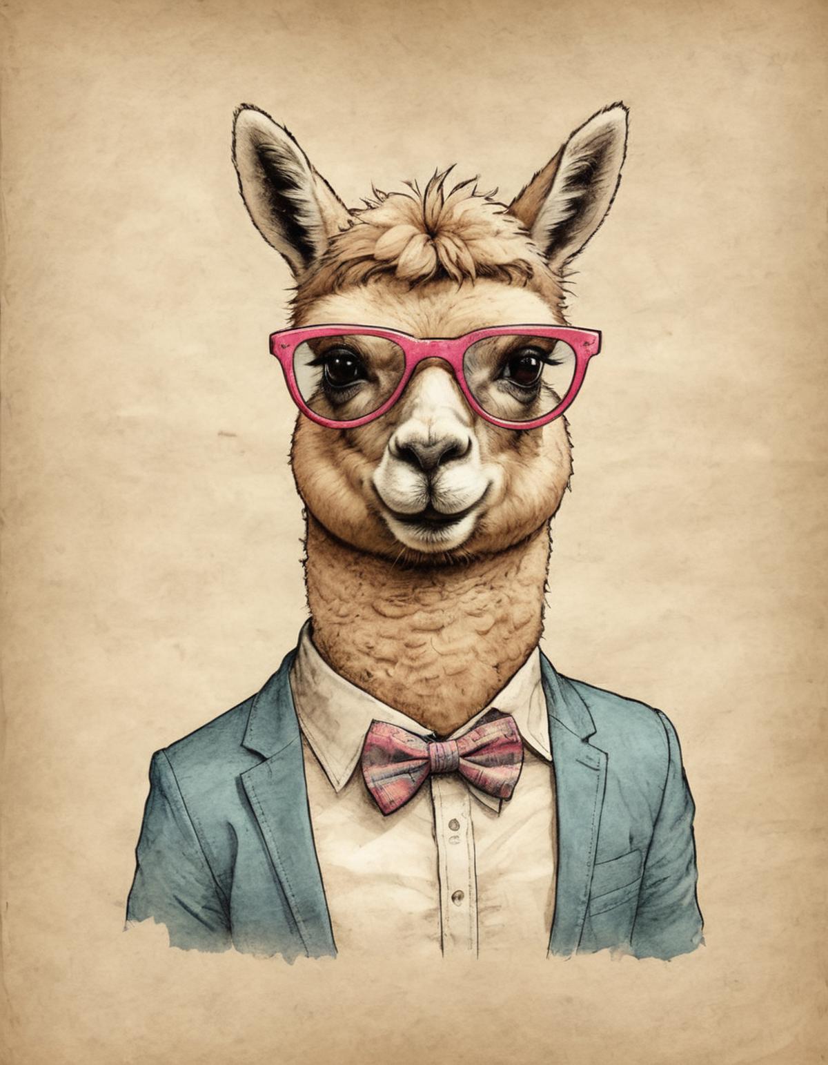 A Llama Wearing Glasses and a Bow Tie in a Suit.
