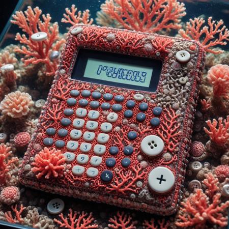 calculator made of coral, under water, buttons, digital screen, calculator, coral, intricate, detail, quality, decorated, embroidery
