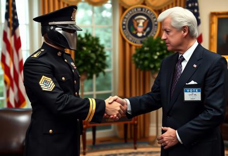classic cobra commander in an immaculate military dress uniform posing for photo shaking hands with president clinton of the united states in sharp suit inside the oval office, real photograph, gi joe, photorealistic, correct hands, correct fingers, presidential seal, vote button, campaign photo, election, elegant scene