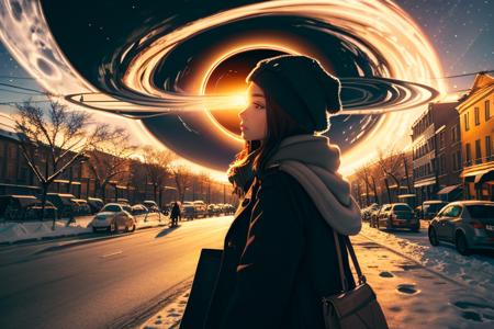 woman, on street, winter outfit, coat, winter cap, 
(planet in sky, at morning, black hole), 
 <lora:planets:0.7>
