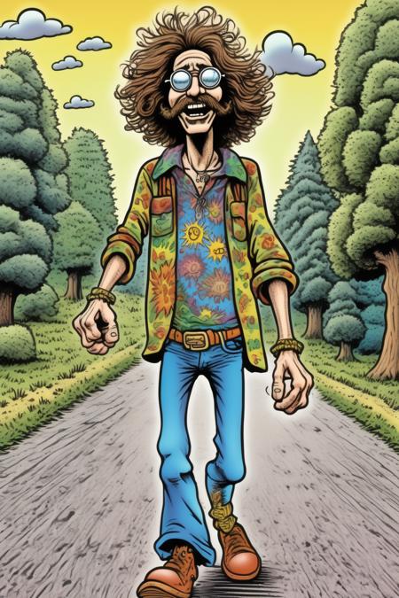 <lora:Robert Crumb Style:1>Robert Crumb Style - hippy dude walking down the road in exaggerated Grateful Dead fashion. drawn in the style of R. Crumb 2d cartoon style Zap Comix