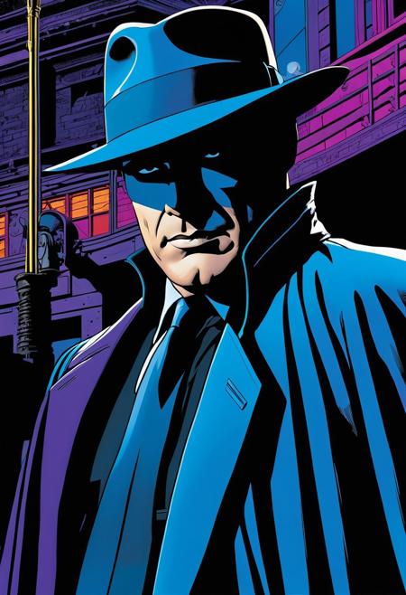 add_detail, masterpiece, vibrant, 
The Shade, fedora, cape, film noir, generic comics, reminiscent of Dan Jurgens' and Brett Breeding's comic book art, with smooth, precise lines and vibrant, popping colors, perfect for a dramatic, haunting visual effect, blues and blacks and violets tones, 1989, very fine inked art, 3D, CGI art