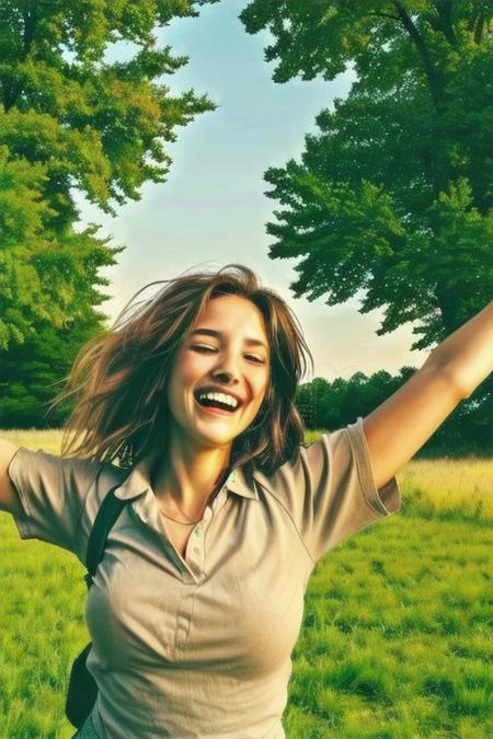 kgface, a photo of a young woman in a field, happy, dancing, brown hair, large breasts