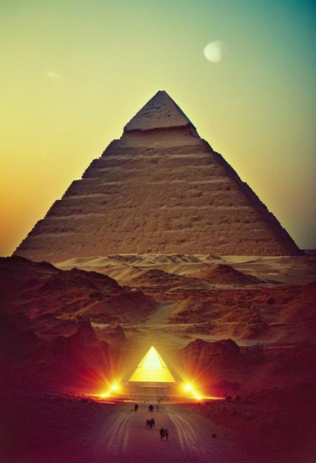 ()Hyoer Realistic:2.0)Polaroid picture 
an image of Ancient Egyptian pyramids, bathed in golden light, as a shimmering portal materializes beneath. The portal's iridescent glow illuminates the desert sands, beckoning travelers to enter. Capture the contrast between the ancient structures and the (futuristic, utopian universe within, teeming with lush vegetation, gleaming spires, and hovering spacecraft. Incorporate a sense of wonder and discovery, as the secrets of the pyramids unlock a gateway to a brighter, intergalactic future: 0.2)
BREAK 
(Hyper-realistic photo of a breathtaking view from the I-70 overpass in Colorado. Majestic Rocky Mountains rise in the distance, meeting endless blue skies with a few fluffy white clouds. The interstate highway stretches out below, winding through the valley. Lush green forests and meadows dot the landscape. Detailed textures, realistic lighting with warm sunlight, and a sense of grandeur. 4k resolution, photorealistic, trending on Artstation, vivid colors, perfect composition, rule of thirds, golden ratio. Negative prompts: poorly rendered faces, poorly drawn hands, bad composition, mutated body parts, disfigured, bad anatomy, deformed body features.:2.5)