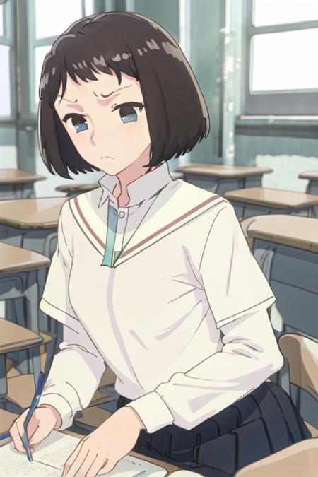 best quality, masterpiece, highres, solo, {kanou_koyomi_yagatekimininaru:1.15}, short_hair, black_hair, closed_mouth, indoors, brown_hair, blue_eyes, black_eyes, 1girl, chair, classroom, desk, school_desk, school_uniform, frown, shirt, upper_body