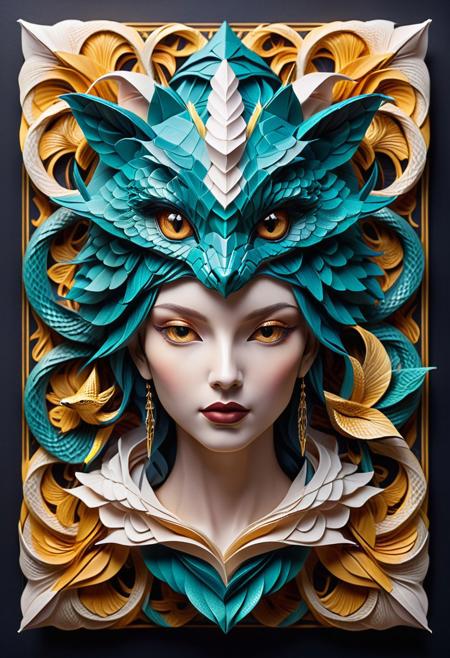 sn4ke, A portrait of ethereal figures in an intricate origami style with folded paper look and geometric precision, showcasing dreamlike compositions with intricate details and muted rich color tones. The style is surreal fantasy, influenced by gothic elements and romantic surrealism.