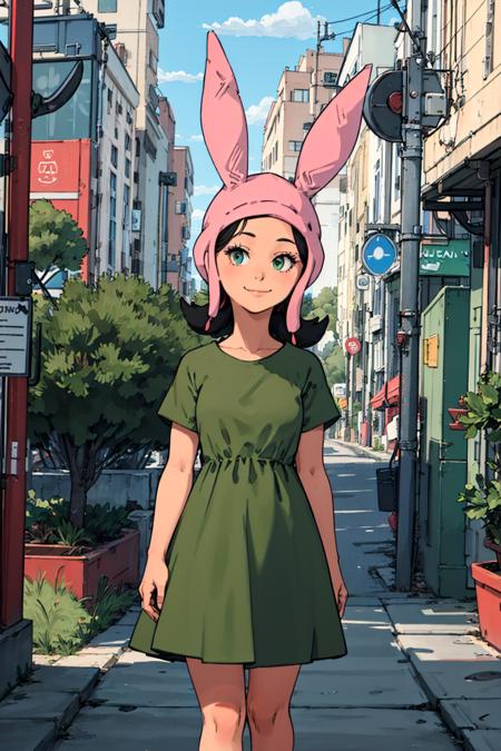 louise, 1girl, solo, rabbit ears, animal ears, black hair, smile,green dress, hat,looking at viewer, arms behind back <lora:louise-000008:0.6>