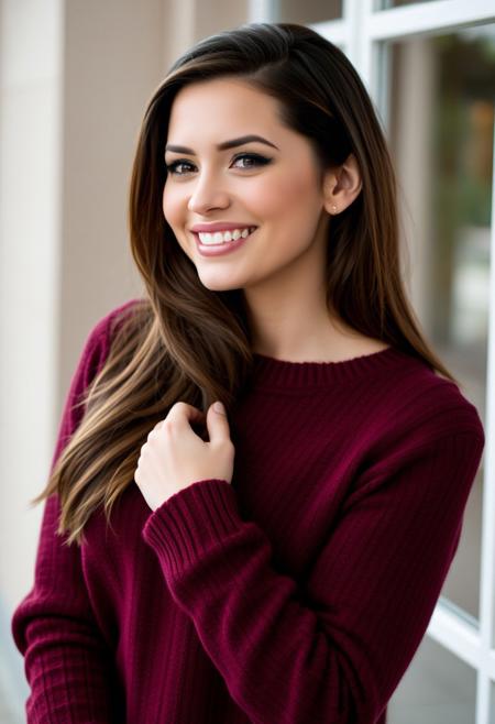 a brunette woman wearing a maroon sweater,she is beautiful,she is smiling in a sexy way