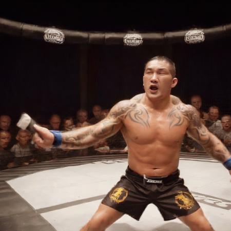 An MMA fighter in the midst of a battle inside the Octagon cage. He's in a dynamic fighting stance, muscles tensed, eyes focused on his opponent. The background shows the cage, referee, and a blurred crowd. The scene should be as realistic as a high-resolution photograph, capturing the intensity, sweat, and determination of a live MMA match. <lora:gan2_video:0.75>,ganjo