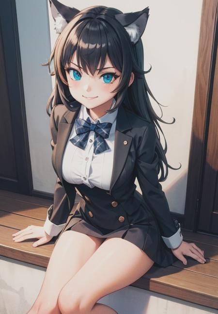 <lora:Gray_Wolf:0.8>, Gray_Wolf,1girl, solo, smirk, sitting, Complete heterochromia, (masterpiece, best quality, detailed:1.3), charming