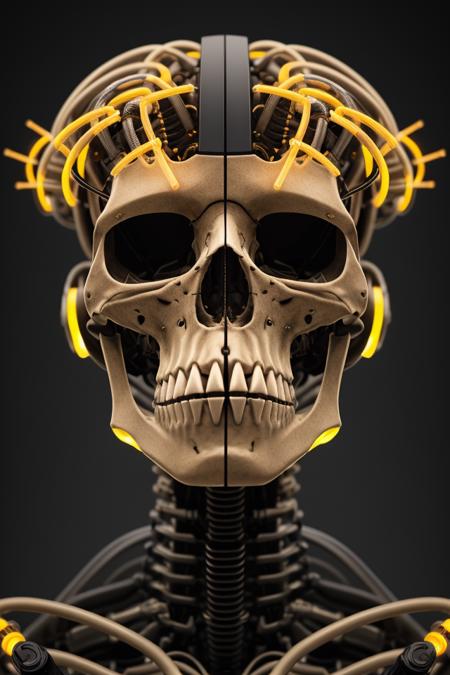 A stunning illustration of an evil neural network organism,superior artificial intelligence,half of the face is robotic skeleton,stunning facial details,45 degree angle of view,elegant,electro,(composition{[leading_lines][rule_of_thirds][.707_trigonometric_scalar_to_color_scene_structure_lighting_sources_depth_of_field_light_temperature_ambient_occlusion_global_illumination_via_1.618033988749895_ratio_proportion_to_spacing_and_dimensions]}+++) (quality{[intricate_insane_exponential_details_QHD_resolution_volumetric_lighting_depth_of_field_FullFrame_36x24mm_Nikon_D850_sensor_grain_texture]}),