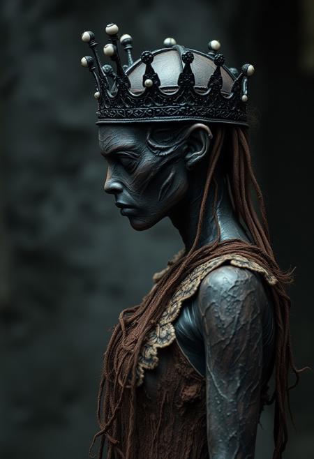 side view, full shot of the underworld creature queen, dirt dress, black crown, small white eyeballs, hyper realistic, ultra detailed, translucent oiled skin, black skin, mist, wind