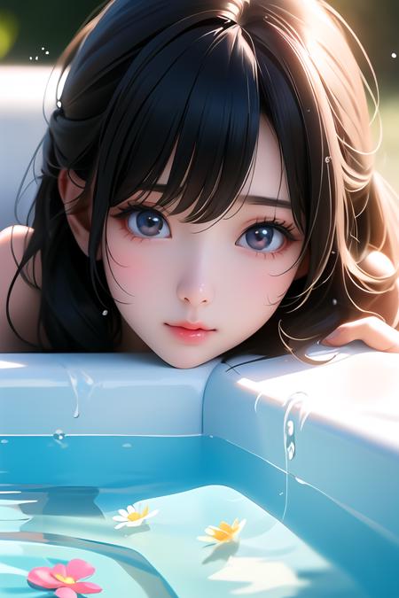 Close-ups,Splash on the face, half shot,Sweet, with a flower in her ear,24 years old South Korean girl, white skin, water and light cool tone Yuan air sense makeup, bright natural light and shadow blend, SONY lens shooting, complex realistic details, realistic portrait