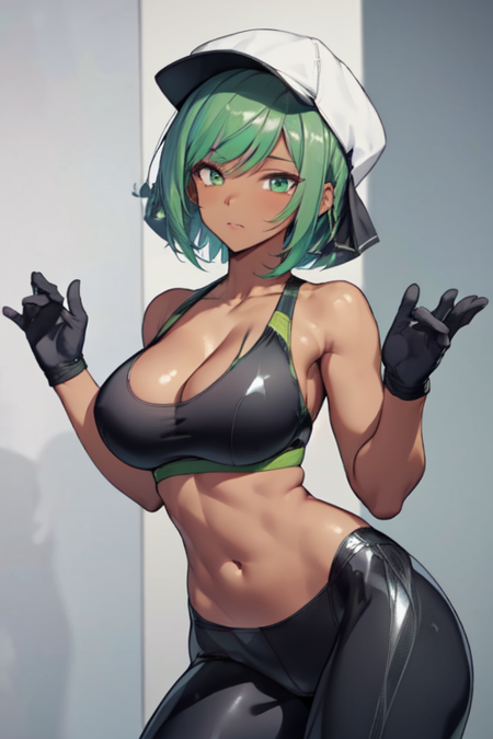 MightyR, 1girl, solo, green hair, black sports bra, short hair, navel, cleavage, gloves, white cap, large breasts, yoga pants, dark-skinned female, dark skin, midriff, bare shoulders, leggings, collarbone, 