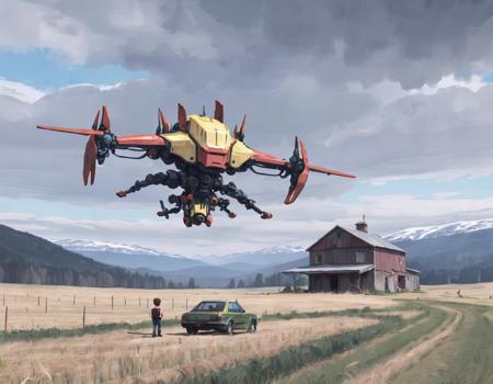 <lora:ssta:0.6>ssta, field, car, farm house, mech drone, man, child, drone ship, clouds, mountains,