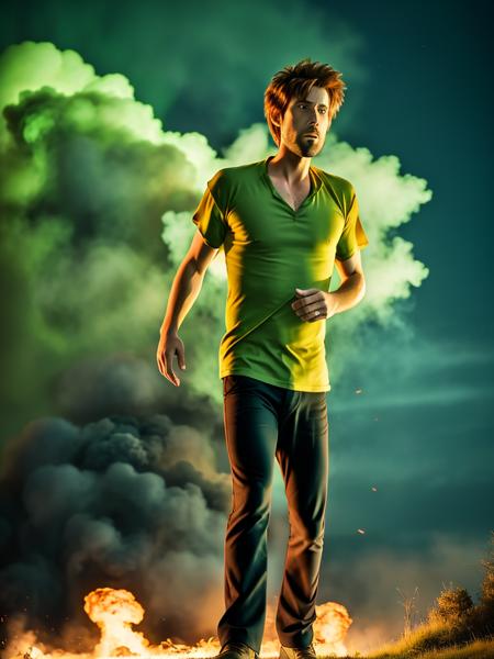 1boy, Shaggy, a man with green shirt, red eyes, spiky hair, brown pants, black shoes, ULTIMAXPOWER_mode, green ghoulish fire, blue shaggy ghost in the background , explosion in the background, masterpiece, highly detailed, 8K, stunning, hdr, (RAW photo:1.2), (photorealistic:1.2),(masterpiece:1.4),  <lora:Shaggy-000012:1>