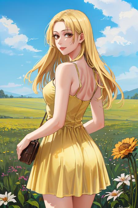 (masterpiece, best quality:1.2), solo, 1girl, tsukumo yuki, smile, looking back, yellow sundress, flower field <lora:jjk_tsukumo:0.9> <lora:YellowSundress-45:1>