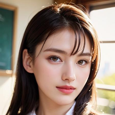 8k,hdr, beautiful, cute, masterpiece, (best quality:1.5), (realistic:1.5),(photorealistic:1.5),ultra detailed, detailed face, realistic face, (realistic skin:1.37), (intricate:1.5), woman, solo, blunt bangs, pale skin, (close-up photo:1), portrait photo, perfect lighting, (school uniform), (thigh high),(class room), (small breast:1.2), slim, slender, natural makeup, smiling