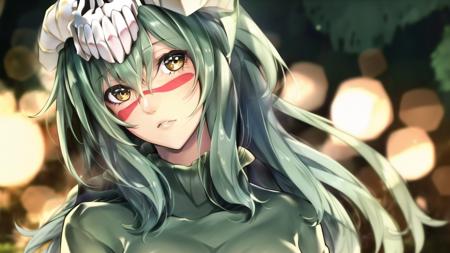 1girl,   <lora:cz_nell-000002:1>, close up, looking at viewer, long hair, depth of field, forest, ribbed sweater, horns, scull on head, facial mark,