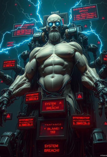 Sexual, suggestive, Bodyhorror, Big tall old sexy gay bodybuilder granddad, HR Giger sci-fi horror film, dark cinematic sci-fi atmosphere, blame! Megastructure by tsutomu nihei, biomechanic cyborg plugged into machine with many big cables and colorcoded wires, multiple robotic arms coming out of his back like a god of illusion, huge tubes connected to body, organic fleshy components and pale wet skin with large musclefibers, machine god embedded into huge cybernetic throne, glowing blue eyes that emit electric lightning, short-circuit, thunderbolts, red glowing Datastream surrounding cables, screen in back with a lot of binary code on it, red holographic screens with errorcode and exclamation marks floating around  god, one screen displaying "SYSTEM BREACH!", calm serene stoic expression on machine gods face