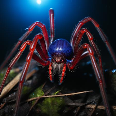 highly detailed documentary photo of giant spider:1.3,

solo, ((blue body)), ((red body)), dark forest, night,

masterpiece, best quality:1.1, 

ultra photoreal, photorealistic:1.0, sharp focus:1.1, 
depth of field:1.1, 

50mm, style of Nathan Wirth, Hasselblad X1D II, Porta 160,
