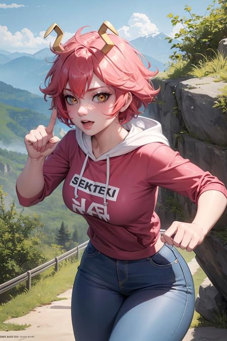 ashido_mina, colored skin, pink skin, colored sclera, black sclera, pants, hoodie