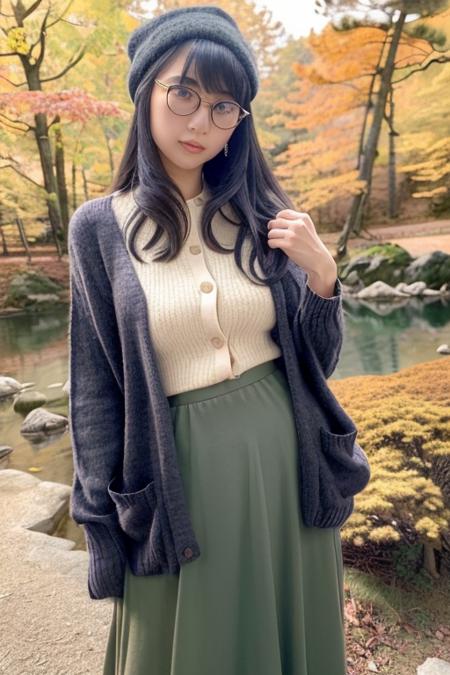 1girl,(wearing a cardigan and long skirt:1.2),(wearing a wooly beret),(RAW photo, best quality), (realistic, photo-realistic:1.4), masterpiece, an extremely delicate and beautiful, extremely detailed, 2k wallpaper, Amazing, finely detail, extremely detailed CG unity 8k wallpaper, ultra-detailed, highres, soft light, beautiful detailed girl, extremely detailed eyes and face, beautiful detailed nose, beautiful detailed eyes,cinematic lighting,(in a beautiful forest of pine trees at a Japanese countryside),(autumn scenery:1.3),(maple trees in autumn),(by a small rocky river),(morning light),perfect anatomy,slender body,smiling, <lora:hashiyasumeatsuko_lora:0.8>