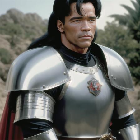 color photo of mylvestre with black hair, dressed as a knight