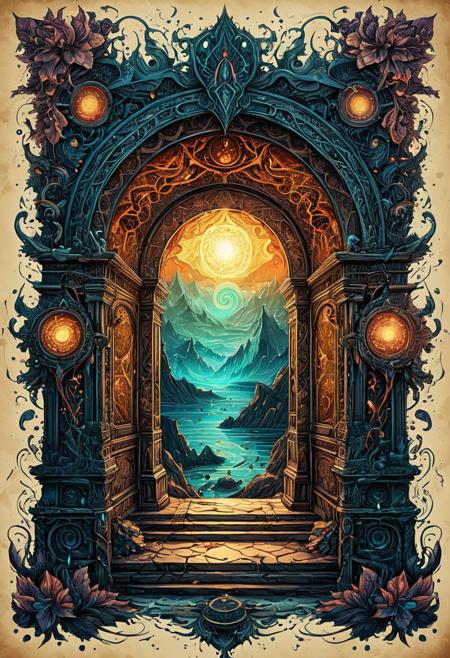 Finely detailed vector illustration, portal to another dimension, ultra realistic quality, hyperdetailed, intricately detailed, fantastical, intricate detail, splash screen, dramatic colors, fantasy concept art, 8k resolution, masterpiece, ink on old parchment, faded colours, magical glow, calligraphy,