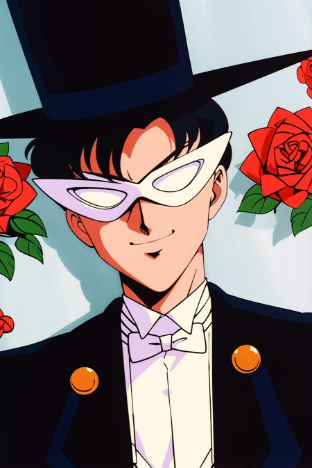 Tuxedo Mask, 1boy, male focus, solo, top hat, mask, hat, retro artstyle, bow, open mouth, bowtie, black hair, formal,suit,upper body