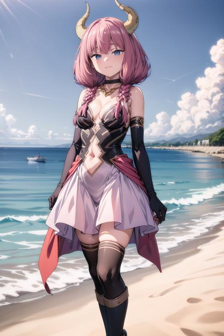 <lora:ç»èè°æ´:0.5>,an extremely delicate and beautiful girl,8k wallpaper,masterpiece,danntoudainoaura,<lora:aura.v1.5:1>,blue sky,beach,outdoors,1girl,solo,demon horns,demon girl,navel,long hair,medium breasts,original costumes,elbow gloves,cleavage,dress,thighhighs,navel cutout,boots,choker,bare shoulders,standing,looking at viewer