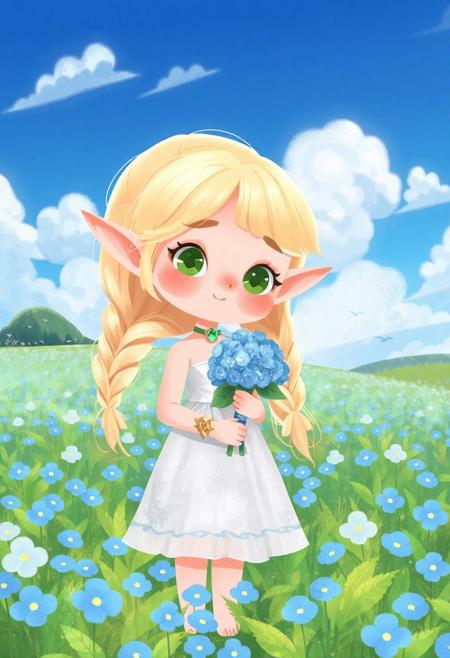 ChildBook,

A cute elf girl standing in a vibrant field of blue flowers under a bright blue sky with fluffy white clouds. She has light blonde hair in a side braid with a small braid crown, green eyes, and pointed elf ears. She's wearing a white, strapless, knee-length dress with a subtle ruffle at the hem. She holds a bouquet of blue hydrangeas tied with a blue ribbon. She wears a choker with a green gem and an elegant gold armlet. The scene is peaceful, with distant hills and flying birds in the background and a cheerful, whimsical atmosphere.