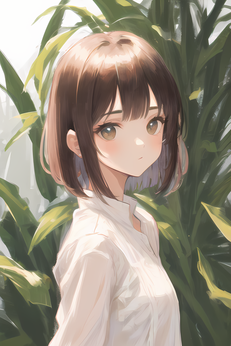 1girl, short hair (bangs), (upper body), foliage background, simple detail