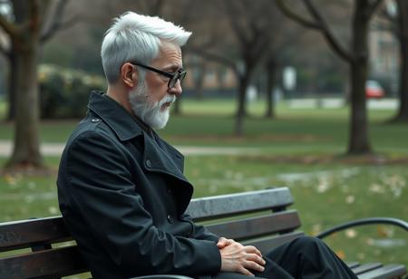 A highly detailed, semi-realistic 3D digital illustration style, extremely long distance, full body, side view of an dignified and wise writer sitting on a bench in the park, looking disappointed, tired. The writer's short white hair is combed back from his forehead, revealing a slightly receding hairline. his short white sideburns and beard, his chiseled, narrow face with a strong jawline and prominent cheekbones. Thick, arched eyebrows sit above round, black-framed glasses on his sharp, narrow nose. His pale, healthy skin shows fine lines that reflect his experiences, with a slight rosiness in his cheeks. He wears a long black trenchcoat.  The young man has medium build, almost scroungy. Green Park, Spring, cold weather. Perfect hands.