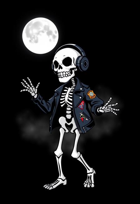Ready design for printing on a t-shirt. On a black background. A cartoon skeleton wearing headphones and a leather jacket with patches is dancing under the moonlight. The skeleton has white teeth and is depicted in a hyper-realistic, white background, high-resolution style.