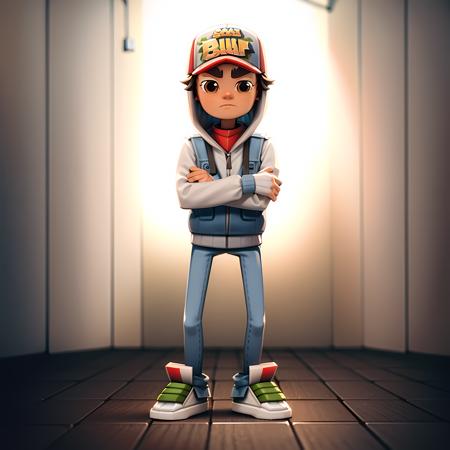 ((masterpiece, best quality)),(complex light), solo, solo focus,full body,1boy, jake, brown eyes,thick eyebrows, <lora:JakeSubwaySurfer1-10:0.8>,hood, baseball cap, simple background, standing, (crossed arms:1.2),  gradient background, 3d