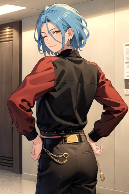 <lora:HiMERU:0.7> , himeru, solo, looking at viewer, smile, short hair, shirt, 1boy, hair between eyes, jewelry, blue hair, jacket, yellow eyes, male focus, earrings, one eye closed, looking back, pants, indoors, from behind, hand on hip, black pants, red jacket, single earring, yellow belt