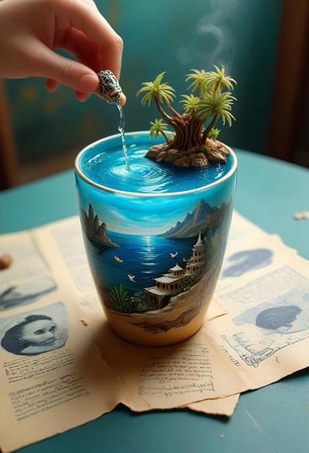 tilt-shift photo of best quality double exposure complex surreal painting on cracked paper, macro, microworld,  hyperdetailed,   insanely detailed, surreal, tiny genie spirit creature, flying oasis landscape placed inside a cup on the table in room. waterfall, lotus flowers,temple palms desert filigree, table cinematic, big eyes 32k, by Rockwell, WLOP Ryniac, Craola, Disney, van Gogh, highly detailed, intricated, intricated pose, high quality, centered, perfect composition.,
<lora:Midjourney_-_SemiReal_Dreams_FLUX_LoRA:1>,<lora:hyper-detail-illustration:1>, Selective focus, miniature effect, blurred background, highly detailed, vibrant, perspective control