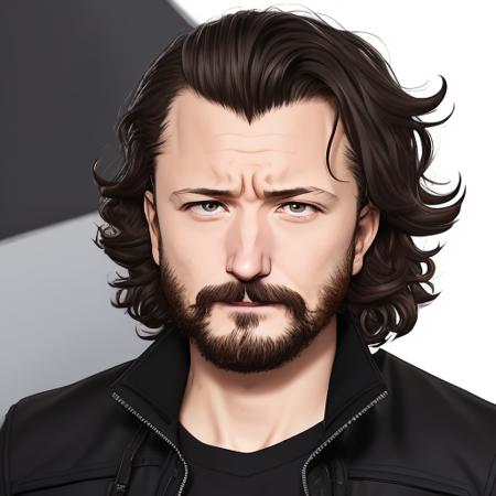 anime style illustration of (NikoPueringer:0.99) a man with short brown curled hair, solo, 1boy, wearing a (black jacket:1.3) with a feathered ruff, (with a beard and facial hair:1.1), (detailed face:1.4), (grey eyes:1.2), open mouth, (with an angry look on his face:1.1), high quality, high detail, masterpiece, art by Tomioka Jirou