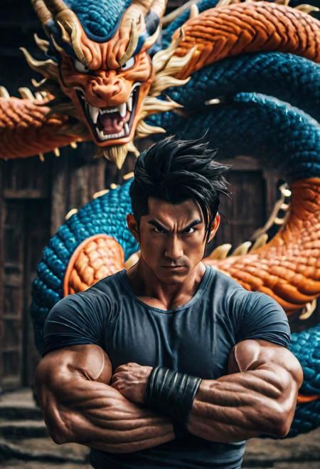 Hypperrealism cinematic photography of a portrait of 30yo muscle Son Guko from Dragon Ball  with a (incredible alive massive twisted Shenron Dragon centered above its headon background), the dragon of Dragon Ball anim, skin detail, Dragon Ball movie, orange and blue original costume, black hair, power! , clenched fists, legendary dragon, mythological dragon, Son Guko, bokeh, upper body, by Akira Toriyama, FX Movie, High Contrast, fog, sci-fi luminosity, Complimentary, Colors, 64K, Japan.